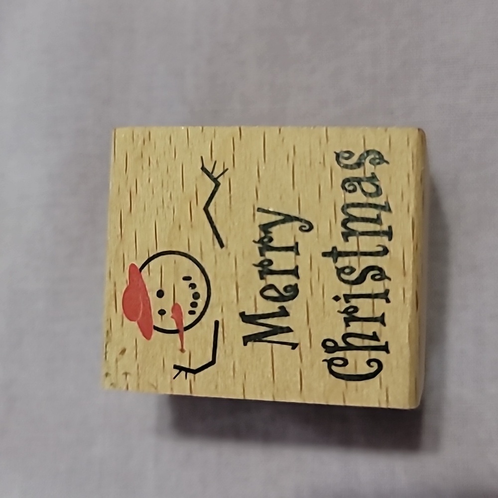 Merry Christmas Mini with Snowman head detail Wooden Rubber Stamp
